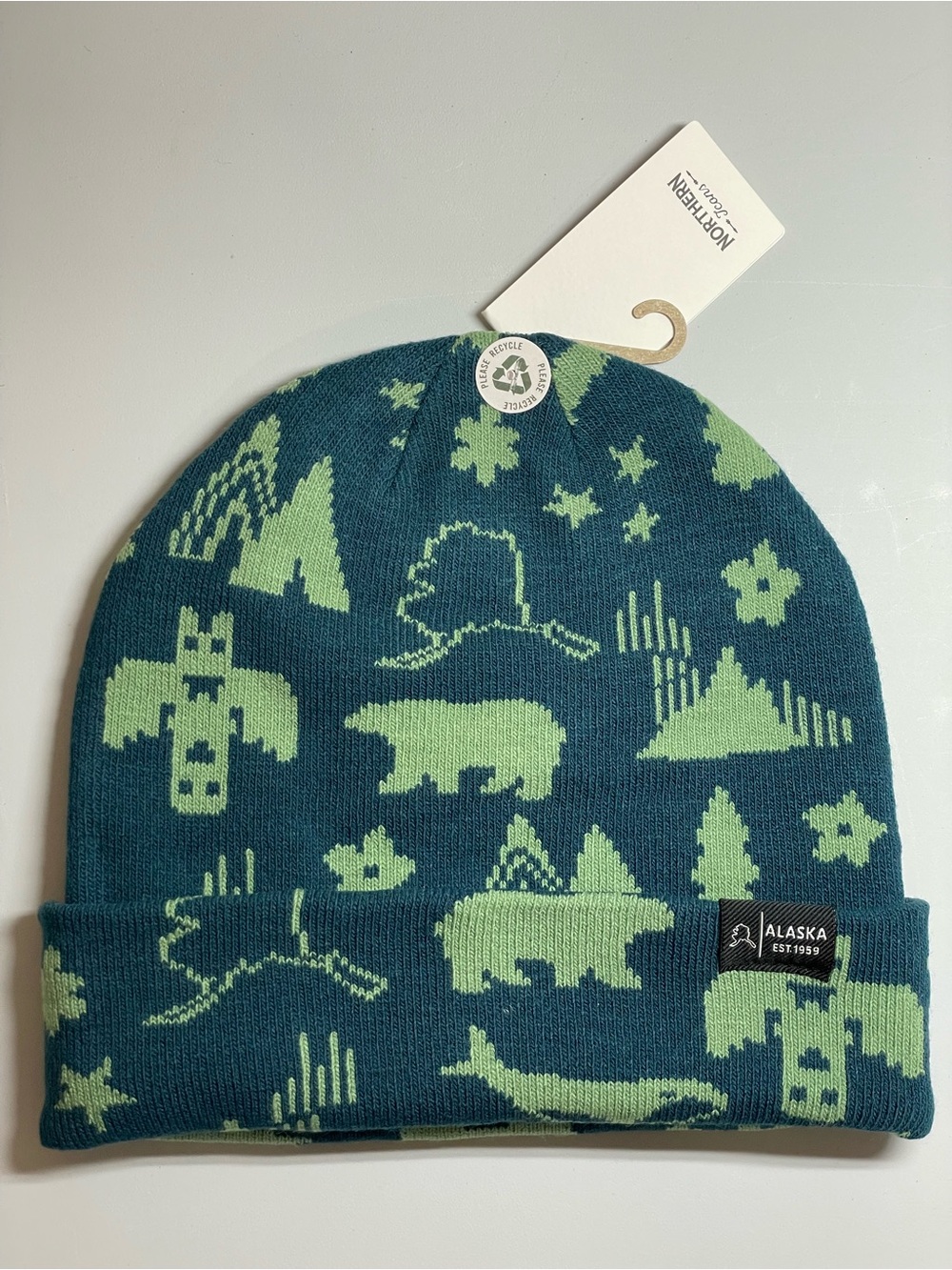 NWT Northern Icons Alaska State Themed Knit Beanie Teal Green